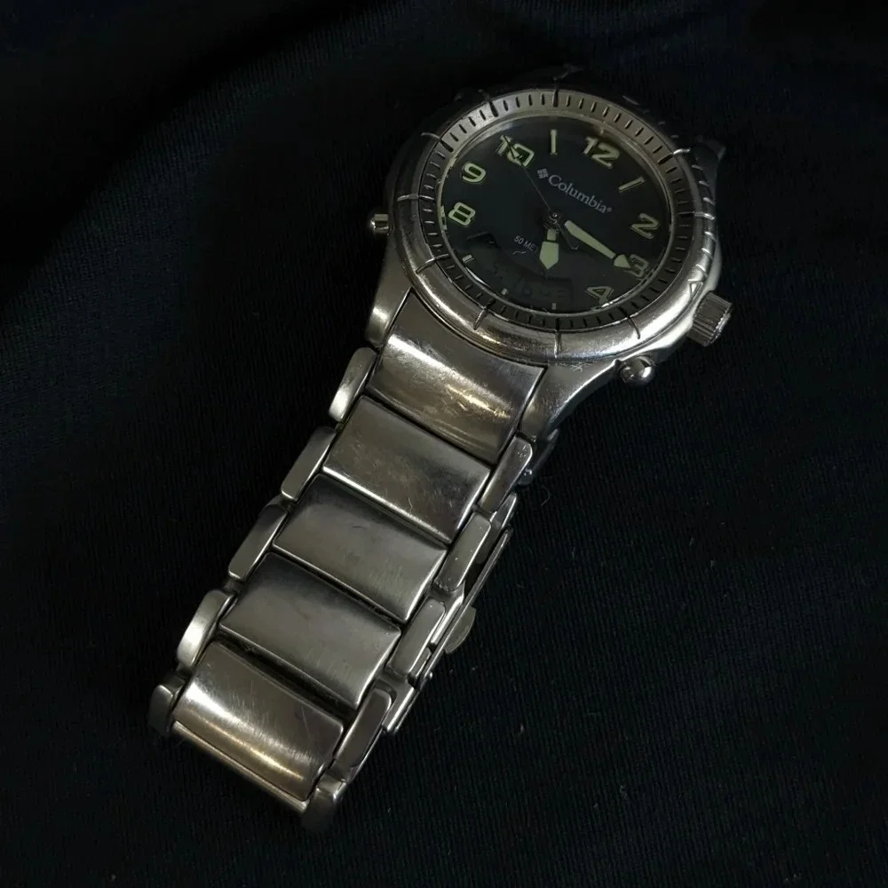 Vintage Columbia stainless steel quartz watch, analog digital, date, alarm, 50m